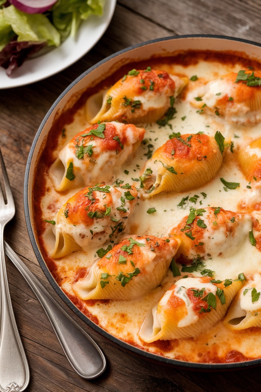 Baked Chicken Alfredo Stuffed Shells in creamy sauce, garnished with parsley, on a rustic table.